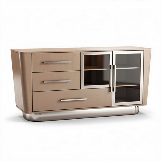 Moderne kast van hout in beige met 3 lades en glazen deurtjes 120 x 45 x 75cm
