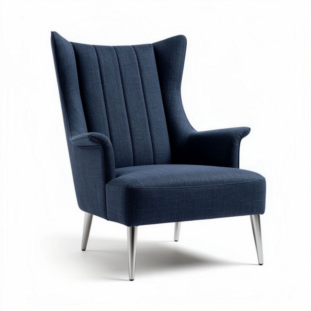 Houten gestoffeerde armstoel in donkerblauw met afmetingen 80 x 80 x 95cm